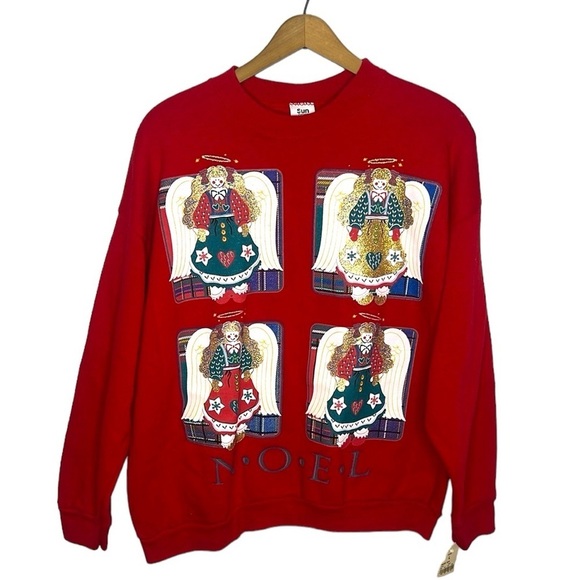 Vintage 90s Deadstock Christmas Crewneck Sweatshirt Angels Noel Holiday - Picture 1 of 9